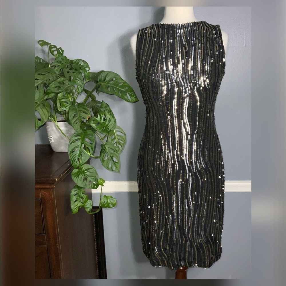 Eva Varro Silver Seqins Black Stretch Bodycon Sleeveless High Neck Dress M NWT